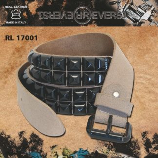 Reverse Leather Belt Beige - 2 rows Pyramid Stud Black Enamelled