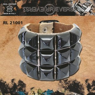 Reverse Leather Bracelet Beige 3 rows Pyramid Stud Black Enamelled